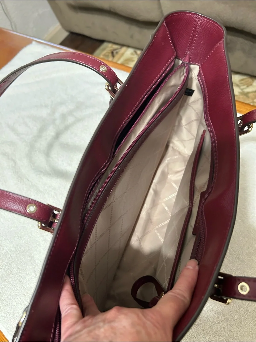 Michael Kors Voyager Wine Leather Saffiano Tote with Gold Hardware